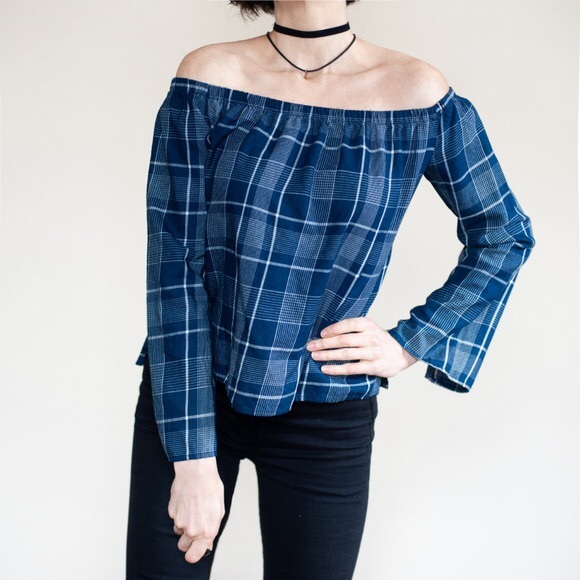 Anthropologie Cloth & Stone Off Shoulder Plaid Top - Picture 2 of 6